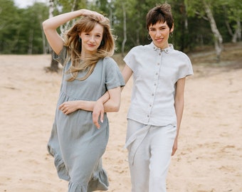 Bridesmaid linen suit, Light gray wedding guest outfit, Gray peter pen collar linen shirt and long trousers in Pearl Gray
