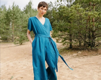 Short sleeves wrap culottes leg turquoise linen jumpsuit with pockets, V neck wide teal linen jumpsuit NOSTALGIA in Turquoise