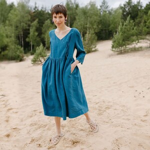 Wrap laces teal linen dress, Three quarters blue linen dress, Cropped sleeves dress with pockets  MAGIC in Turquoise