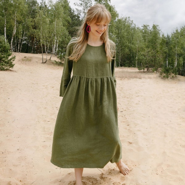 Flared green linen dress with pockets, Long sleeves linen dress AURA in Moss Green