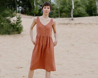 Orange sleeveless linen dress with pockets, Button front orange linen dress, Flared orange linen dress AURA in Terracotta