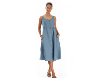 Ready to ship V neck sleeveless blue linen flared dress, Buttons front dress strappy blue linen midi dress in Denim Size S