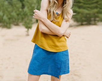 Blue linen skort shorts with pockets, Blue linen shorts with a flap, Front flap linen shorts FUN in Sapphire