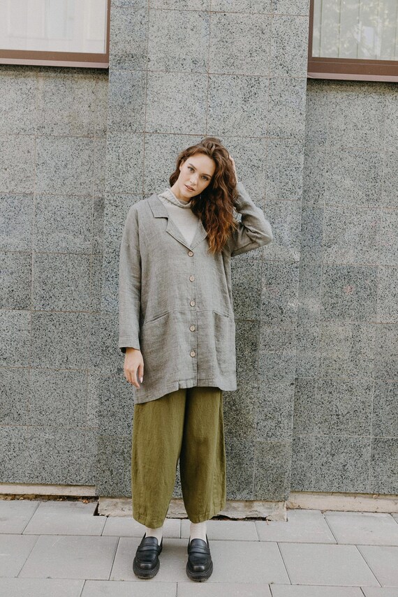Mélangé Gray Linen Jacket With Lapels and Button Front