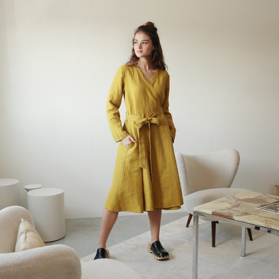 V Neck Long Sleeves Bright Green Wrap Heavy Linen Dress With Belt, Wrap  Short Heavier Linen Dress in Golden Lime - Etsy