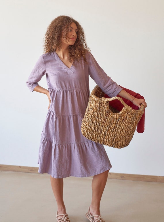V Neck Cropped Sleeves Tiered Violet Linen Midi Dress, V Neck Mocked Purple  Linen Dress With Pockets DREAM in Lavender - Etsy