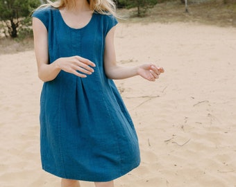 Round neck cap sleeves pleated blue linen dress, Scoop neck front pleat turquoise linen dress, Summer vacation teal blue linen mini dress