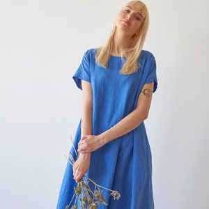 Asymmetric front dress, asymmetric linen dress, blue linen dress, short sleeves linen dress, midi linen dress