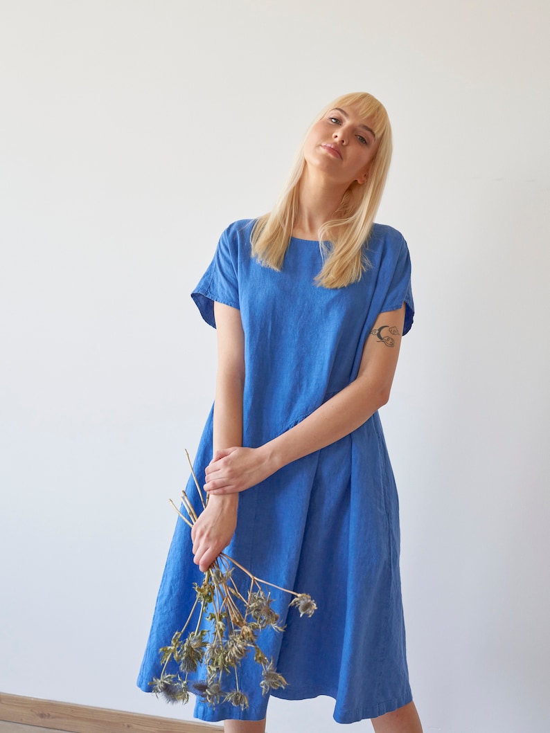 Asymmetric front dress, asymmetric linen dress, blue linen dress, short sleeves linen dress, midi linen dress