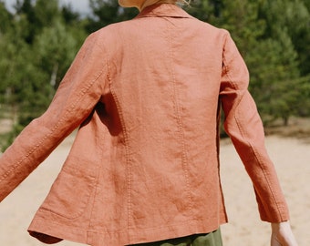 Orange Buttons Front Linen Jacket With Pockets, Slim Fit