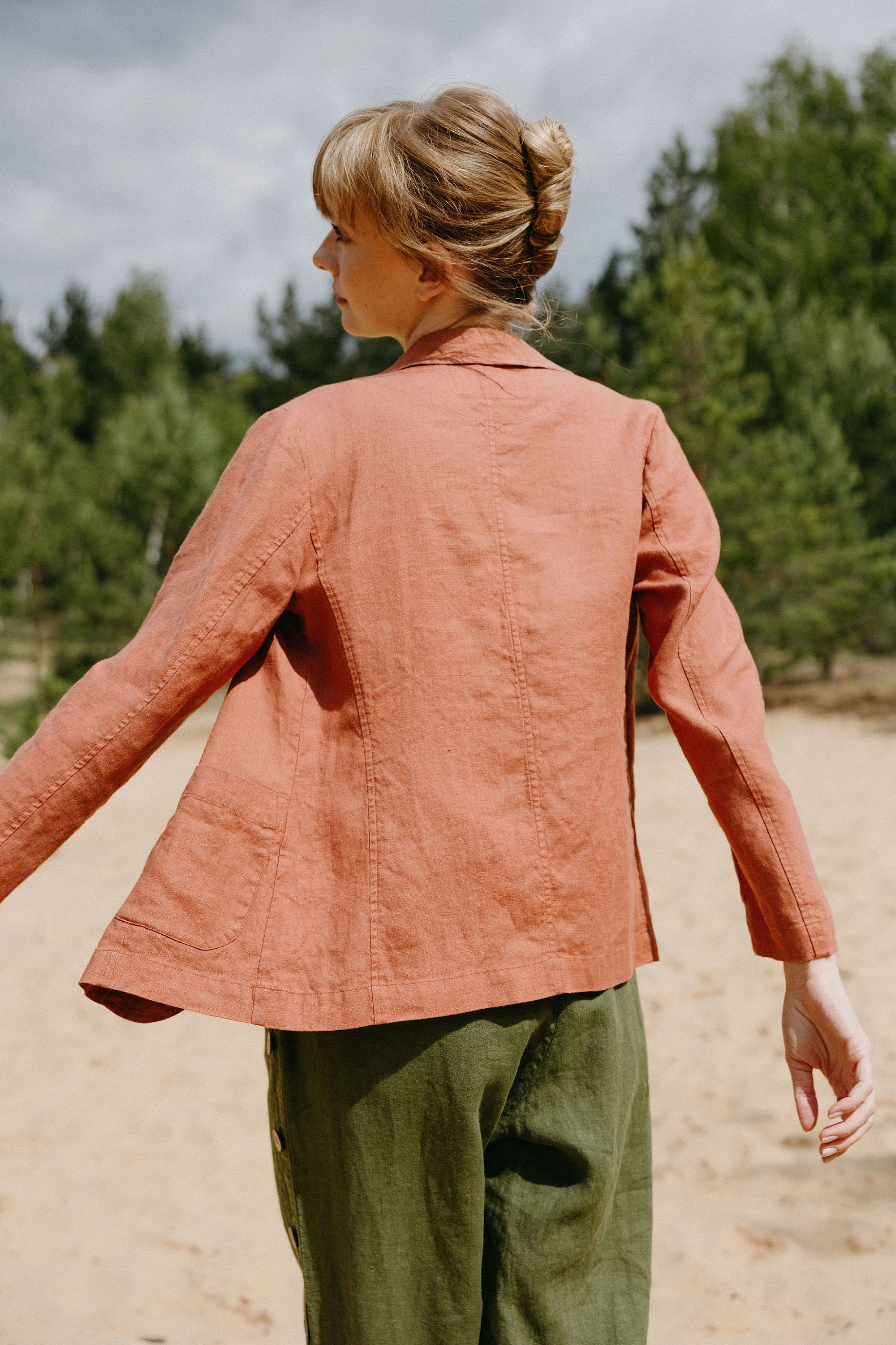 Orange Buttons Front Linen Jacket With Pockets, Slim Fit