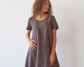 Short Sleeves Flared Brown Linen Dress Dress With Pockets, Loose Flared  Short Sleeves Midi Linen Dress INTUITION in Ash