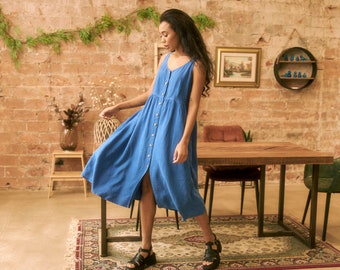 Blue button front closure linen dress with pockets, Sleeveless V neck blue midi linen dress, Strappy blue linen dress FLIRT in Sapphire