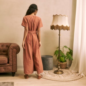 Wrap linen jumpsuit, terracotta linen jumpsuit, orange linen jumpsuit wide trousers, linen jumpsuit with belt, pockets linen jumpsuit, v neck linen jumpsuit