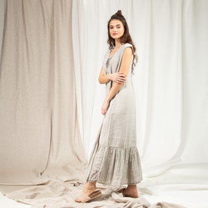 Ready to ship Scoop neck tucks decorated short sleeves dress with pockets, Beige maxi linen dress with ruffled hem image 8