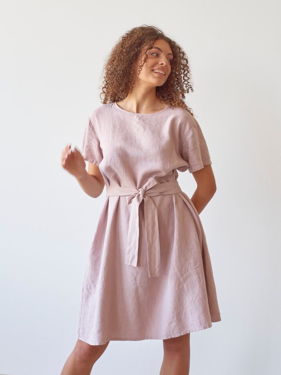 Boat Neck Short Sleeves Pink Linen Dress With Pockets - Boat Neck Short  Sleeves Flared Pink Linen Dress With Belt SECRET in Vintage Rose - Etsy  Israel