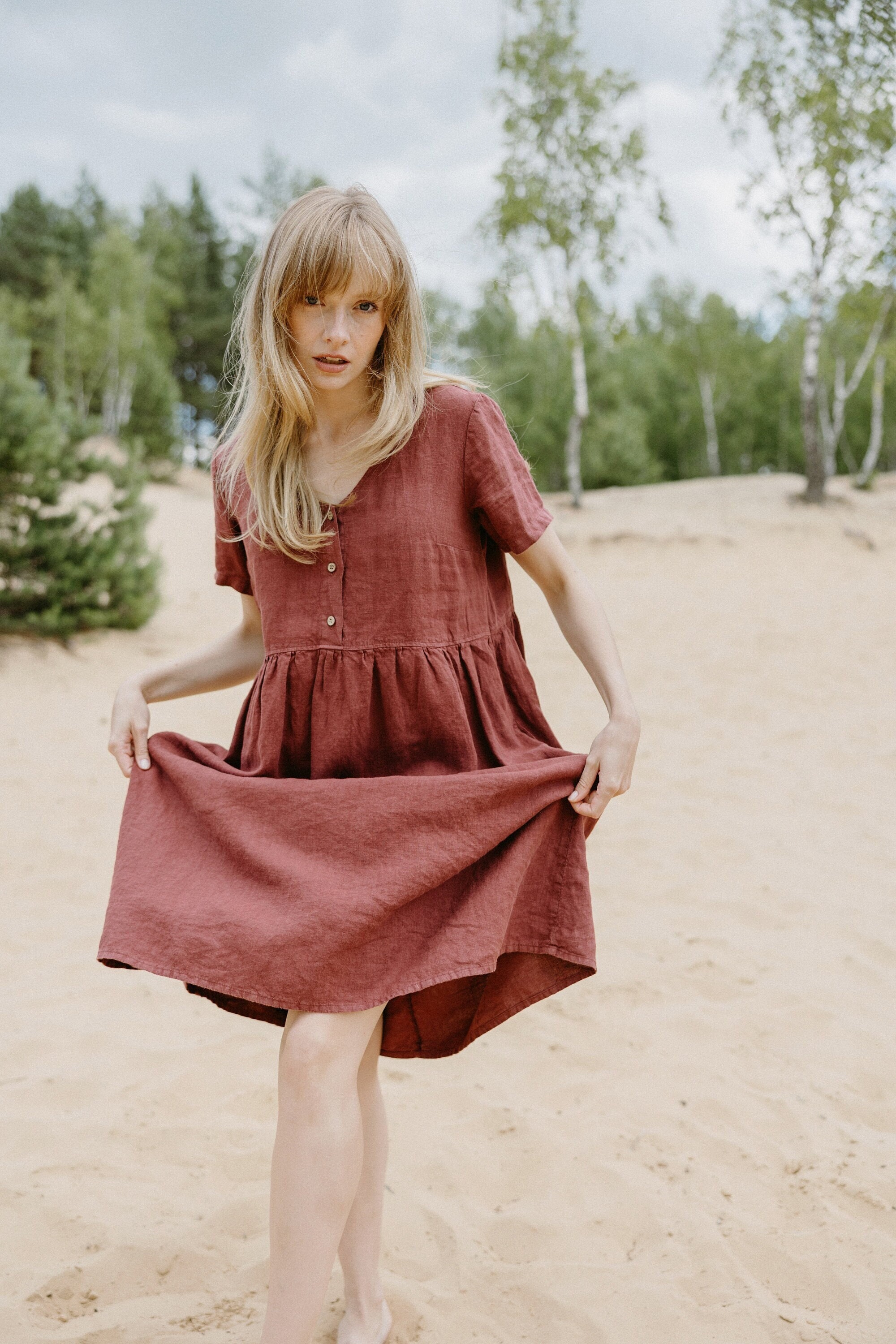 V neck short sleeves buttons front flared brown linen midi dress with pockets AURA in Redwood