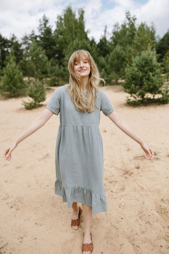 chinese dress ladies The Uptown A Line Linen Mini Dress L Neutral Ground S
