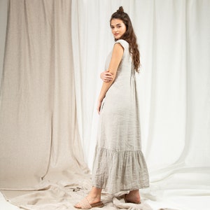 Ready to ship Scoop neck tucks decorated short sleeves dress with pockets, Beige maxi linen dress with ruffled hem image 4