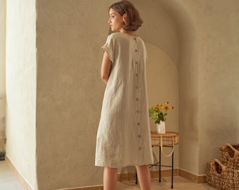 Boat neck short sleeves buttoned back ivory linen dress, Drop shoulders flared natural linen dress with pockets