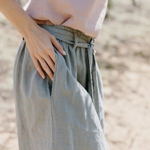 Belted mini linen skirt in Sage green, shirt linen skirt with belt in Sage green.