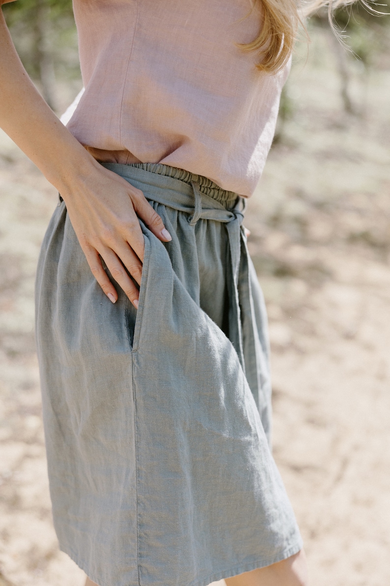 Belted mini linen skirt in Sage green, shirt linen skirt with belt in Sage green.