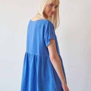 Asymmetric front dress, asymmetric linen dress, blue linen dress, short sleeves linen dress, midi linen dress