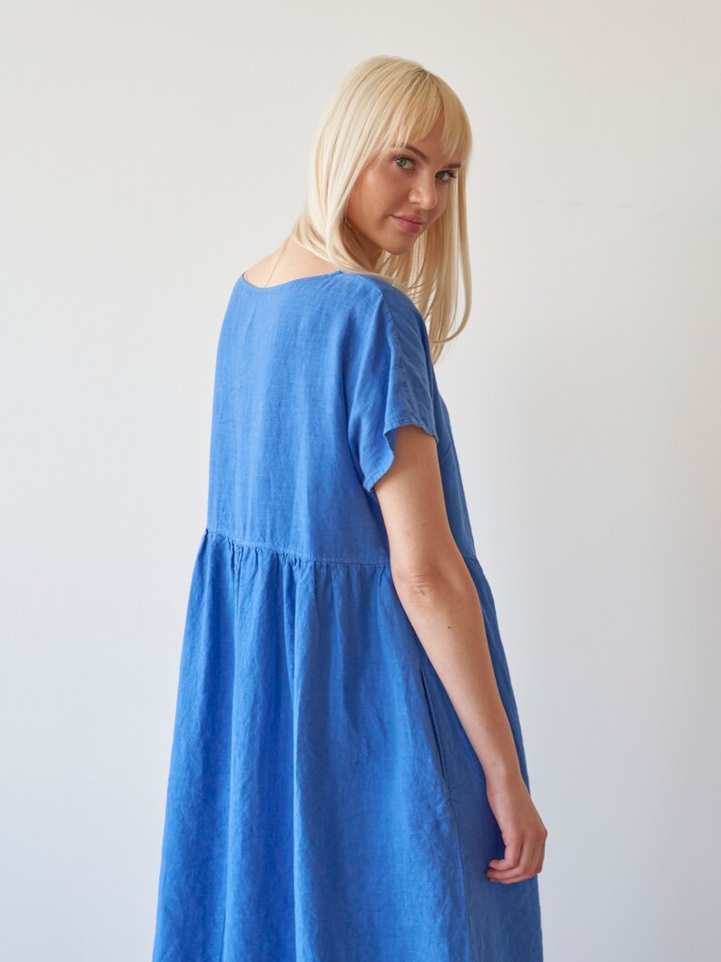 Asymmetric front dress, asymmetric linen dress, blue linen dress, short sleeves linen dress, midi linen dress