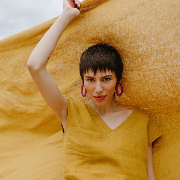 V neck yellow linen top with cap sleeves, V neck mustard drop shoulders top OPTIMIST in Honey