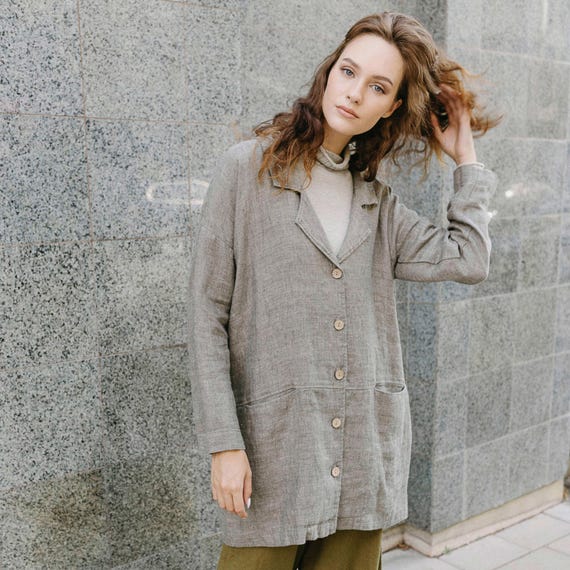 Mélangé Gray Linen Jacket With Lapels and Button Front