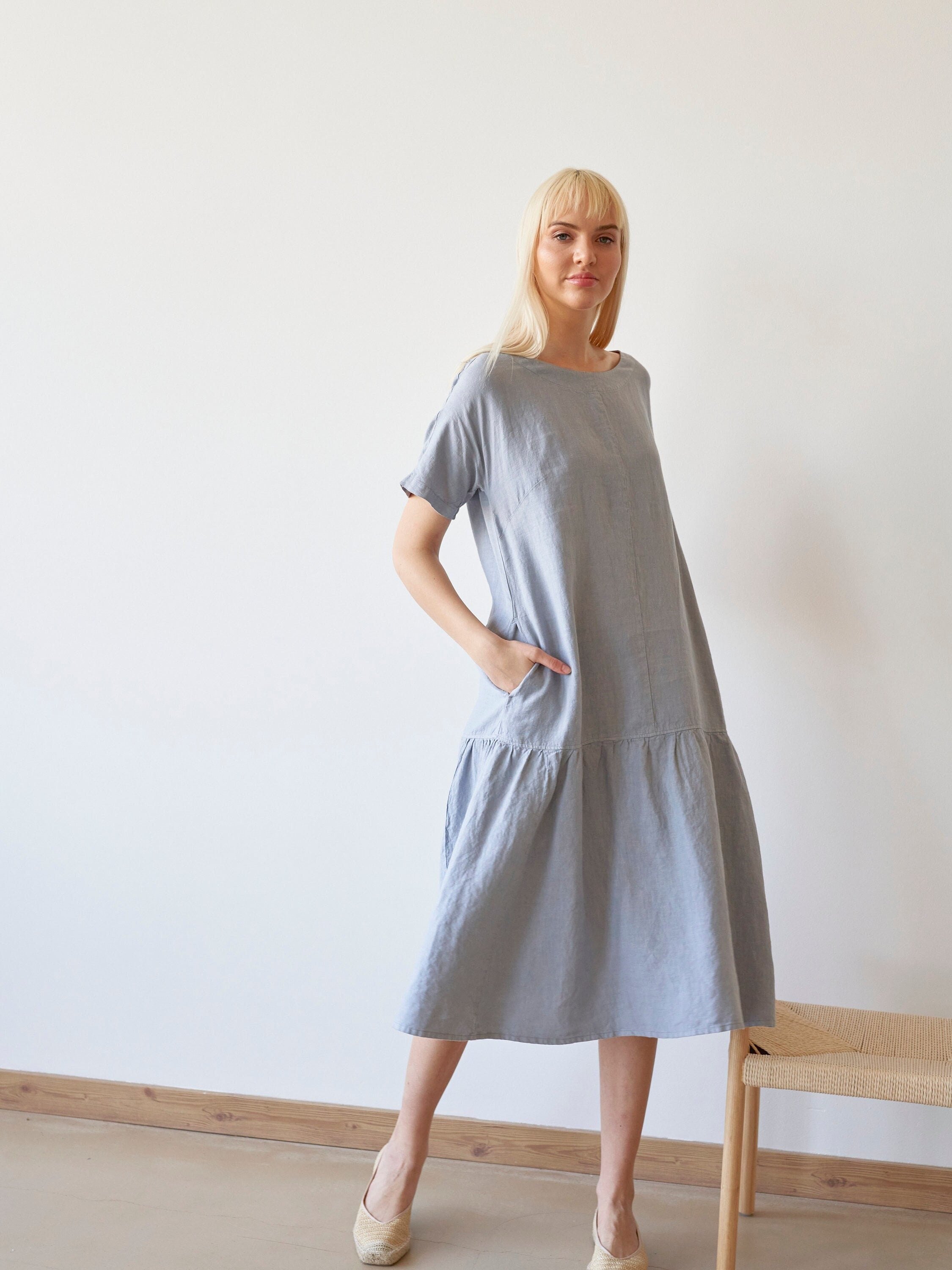 【NILLRING】Unbalanced boat neck short-sleeved Dress _ Mint Alex Evenings Short Sleeve Embellished Boat Neck Sheath