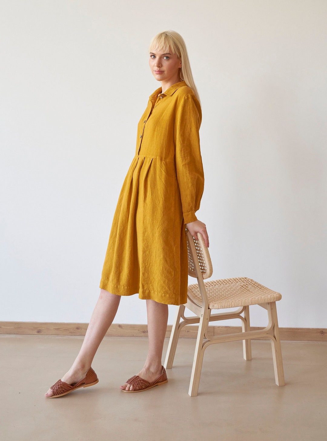Yellow Linen Dress With Pockets, Buttons Closure Peter Pen Collar Dress — free download