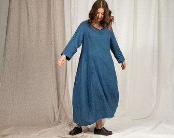 Ready to ship Crew Neck Long Sleeves Loose Blue Maxi Linen Dress size XL