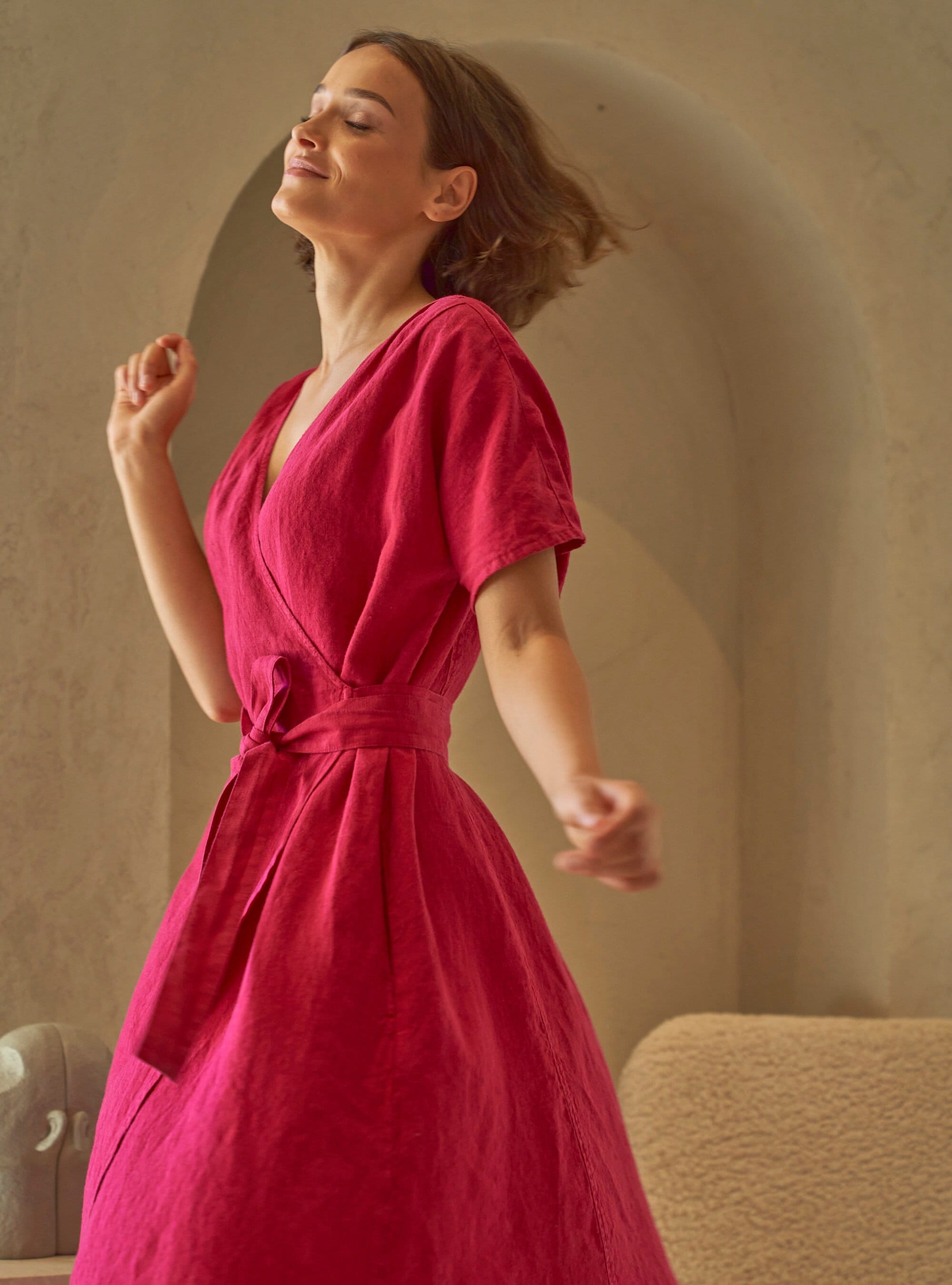 Keten Pleated Fuchsia Linen Midi Cocktail Dress