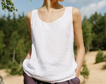 White linen vest top, Sleeveless linen top blouse, Minimalistic linen tank top ZEN in Pure White