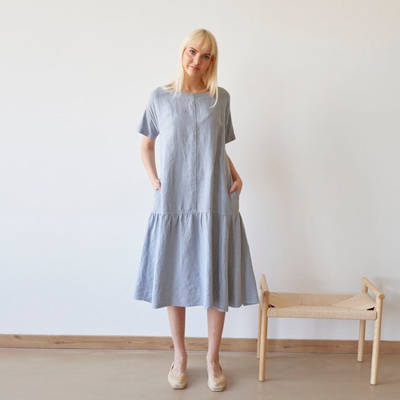 Bridesmaid Linen Dress, Gray Dropped Waist Dress, Low Waist Linen Dress  With Pockets, Short Sleeves Linen Dress MELODY in Silver