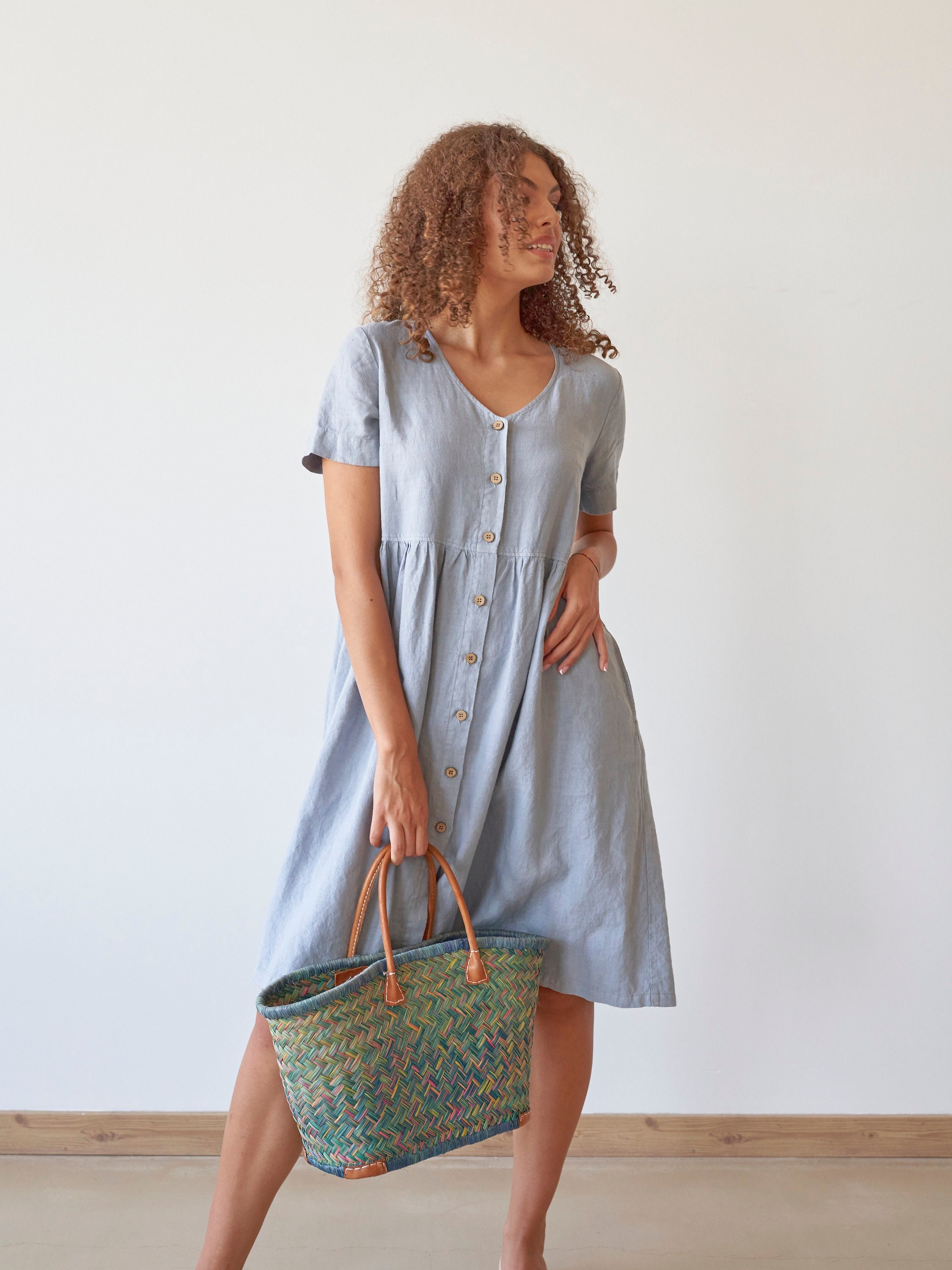 V Neck Buttons Front Short Sleeves Gray Short Linen Dress, Flared Gray  Linen Dress With Pockets - Etsy