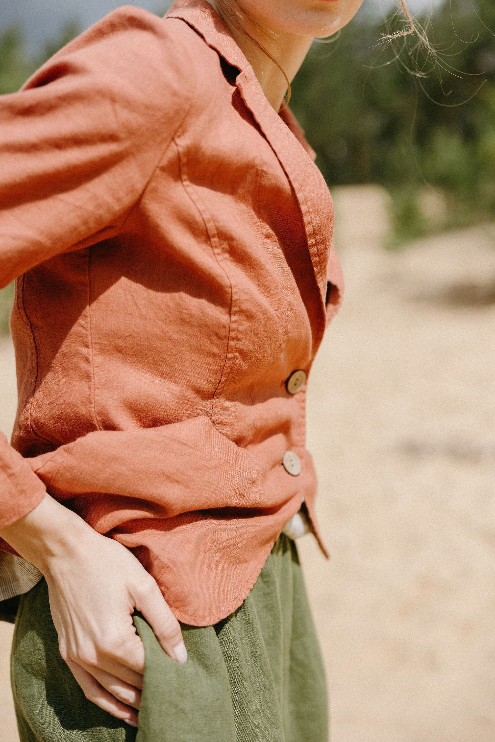 Orange Buttons Front Linen Jacket With Pockets, Slim Fit