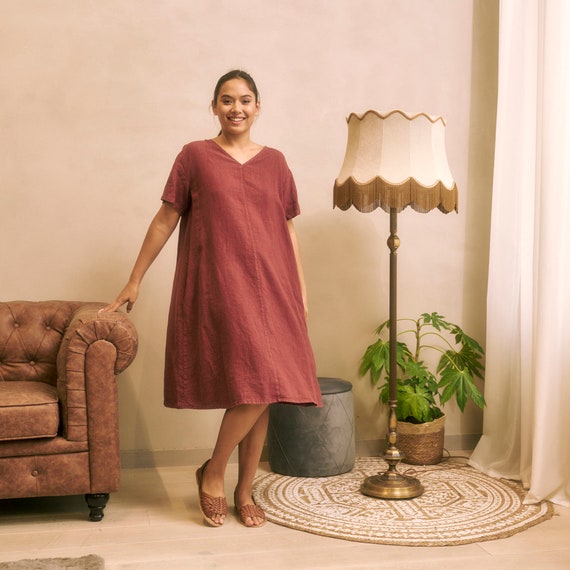brown linen dress mini Motel Mailina button detail linen mini dress in brown