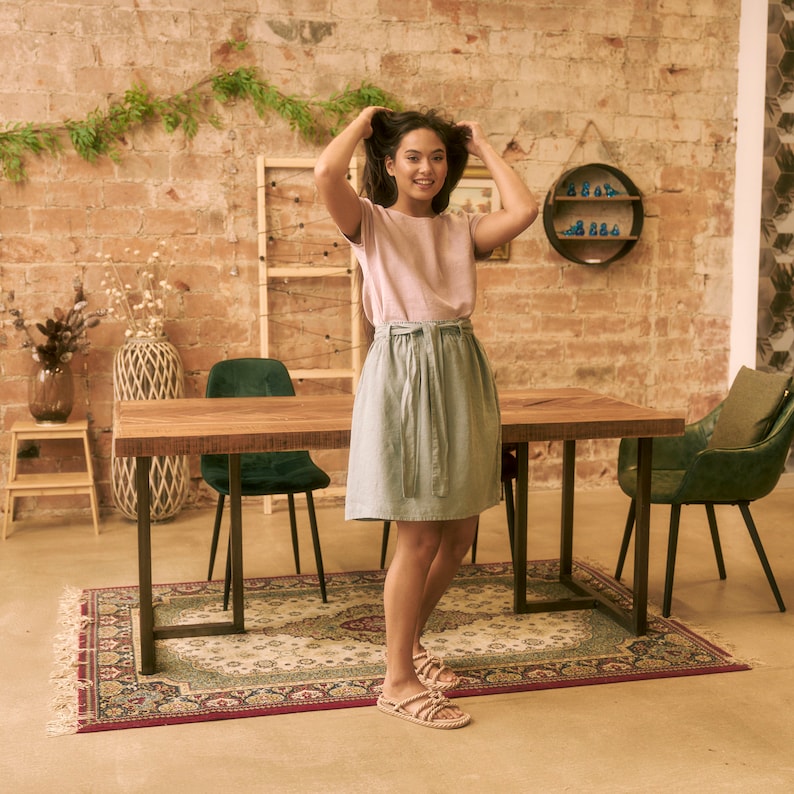 Belted mini linen skirt in Sage green, shirt linen skirt with belt in Sage green.