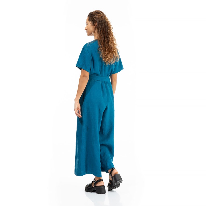 Wrap linen jumpsuit, short sleeves linen jumpsuit, turquoise linen jumpsuit, wide legs linen jumpsuit, culottes linen jumpsuit