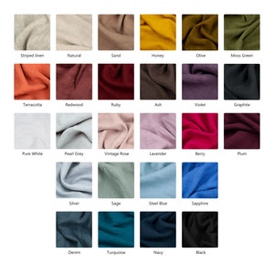 Linen Feels color swatches, striped linen, natural, sand, honey, olive, moss green, terracotta, redwood, ruby, ash, violet, graphite, pure white, peal gray, vintage rose, lavender, berry, plum, silver gray, sage green, steel blue, sapphire, denim...