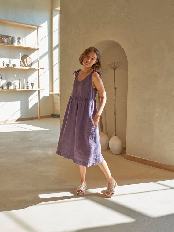 chinese dress ladies Women's Simple Linen Purple Collect Waist Maxi Dress FantasyLinen