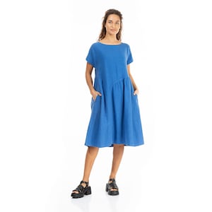 Asymmetric front dress, asymmetric linen dress, blue linen dress, short sleeves linen dress, midi linen dress