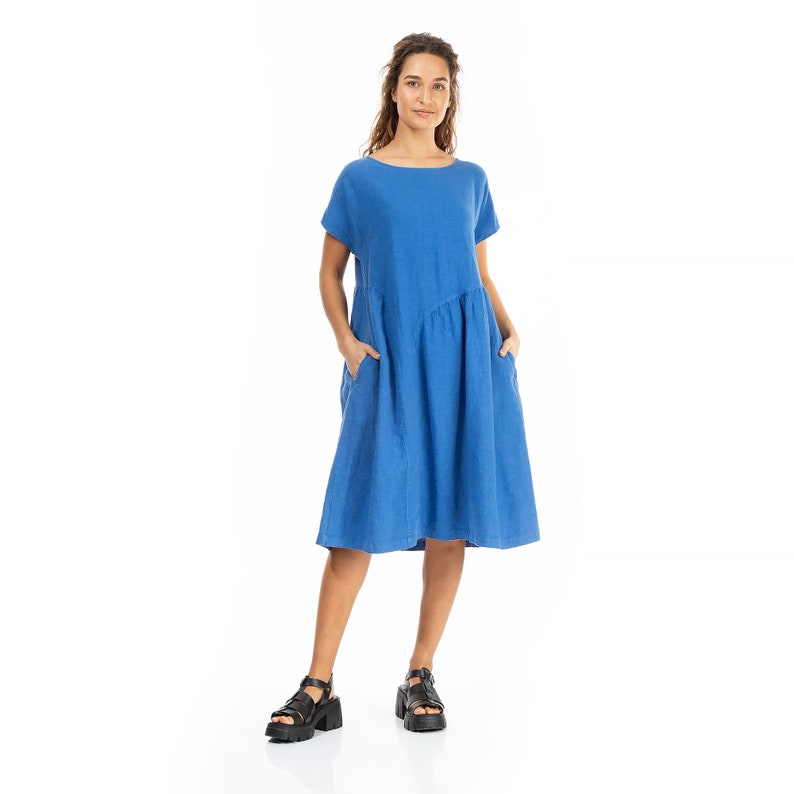 Asymmetric front dress, asymmetric linen dress, blue linen dress, short sleeves linen dress, midi linen dress