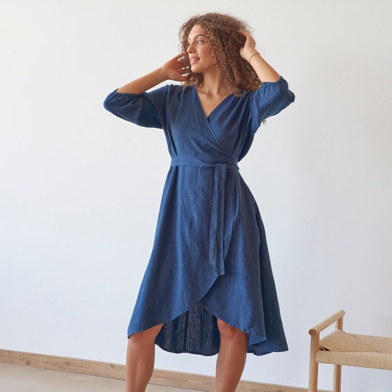 Navy Wrap High Low Linen Dress With Pockets Blue Wrap Linen Dress With Belt Gathered Sleeves Dress Asymmetrical Hemline PASSION in Navy Etsy Canada