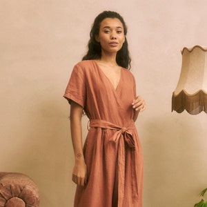 Wrap linen jumpsuit, terracotta linen jumpsuit, orange linen jumpsuit wide trousers, linen jumpsuit with belt, pockets linen jumpsuit, v neck linen jumpsuit