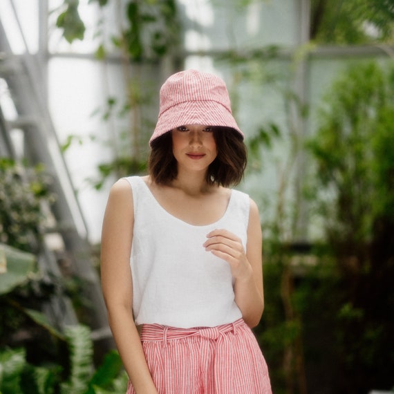 Red White Stripe Linen Bucket Hat, Stripy Pattern Summer