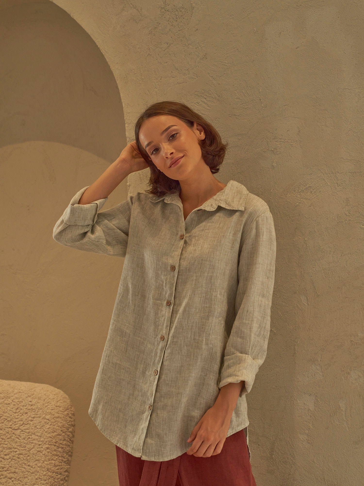 Striped Linen Shirt With Buttons Closure, Collared Striped