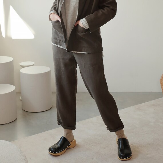 Brown Ankle Heavy Linen Trousers With Pockets Pleated Brown Linen Pants With Elastic Waist BALANCE in Pepper Brown Etsy Canada
